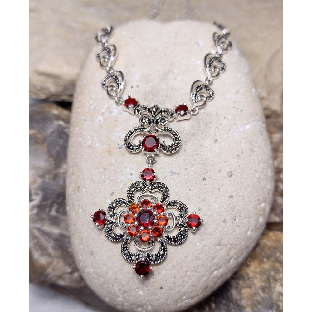 Ornate Garnet CZ Marcasite Silver Filigree Pendant Necklace Signed - Picture 7 of 12
